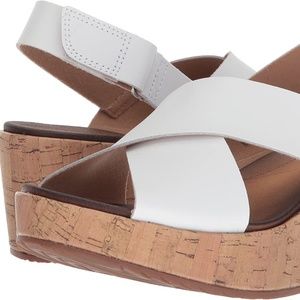 Clarks Stasha Hale White Leather Cork Wedge Sandal Slingback Sz 6.5 Wide w/Box